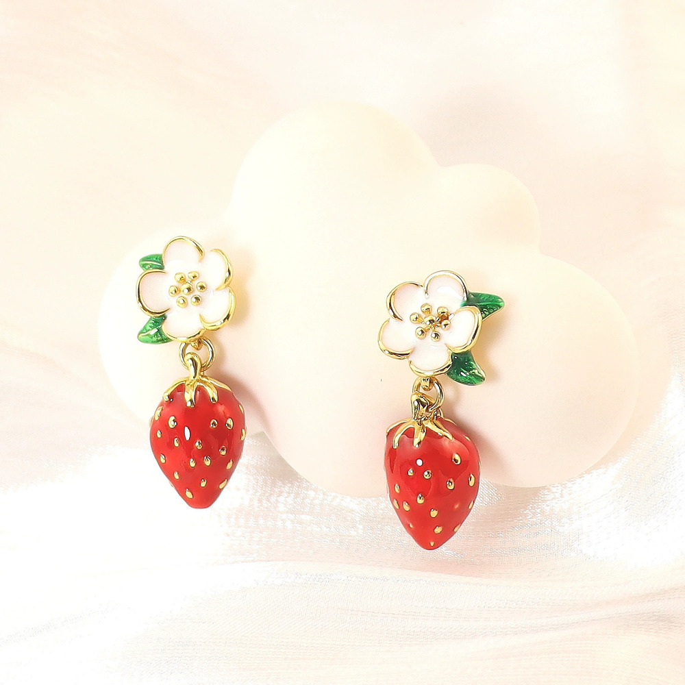 Kate SPADE Red Enamel Strawberry Flower Stud Earrings Brass Plated